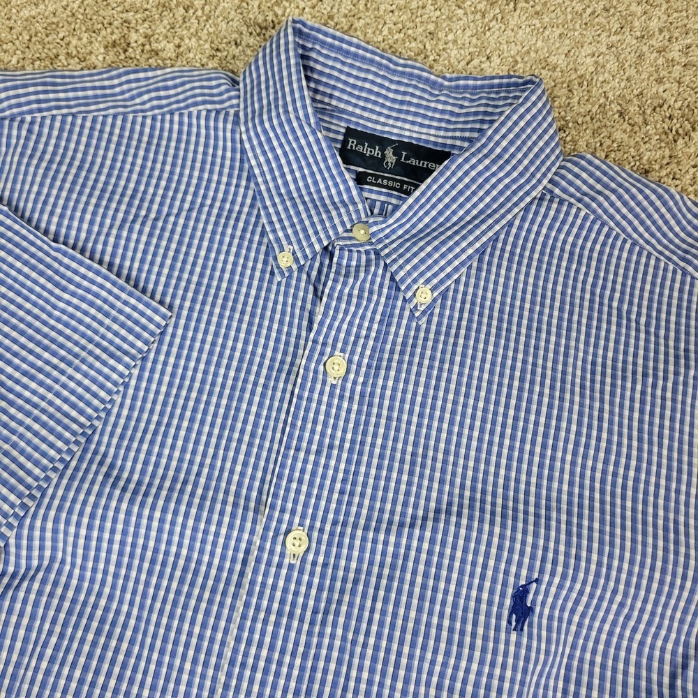 Vintage Ralph Lauren Classic Fit Mens‎ XL Blue Plaid Check Pony Button Down SS